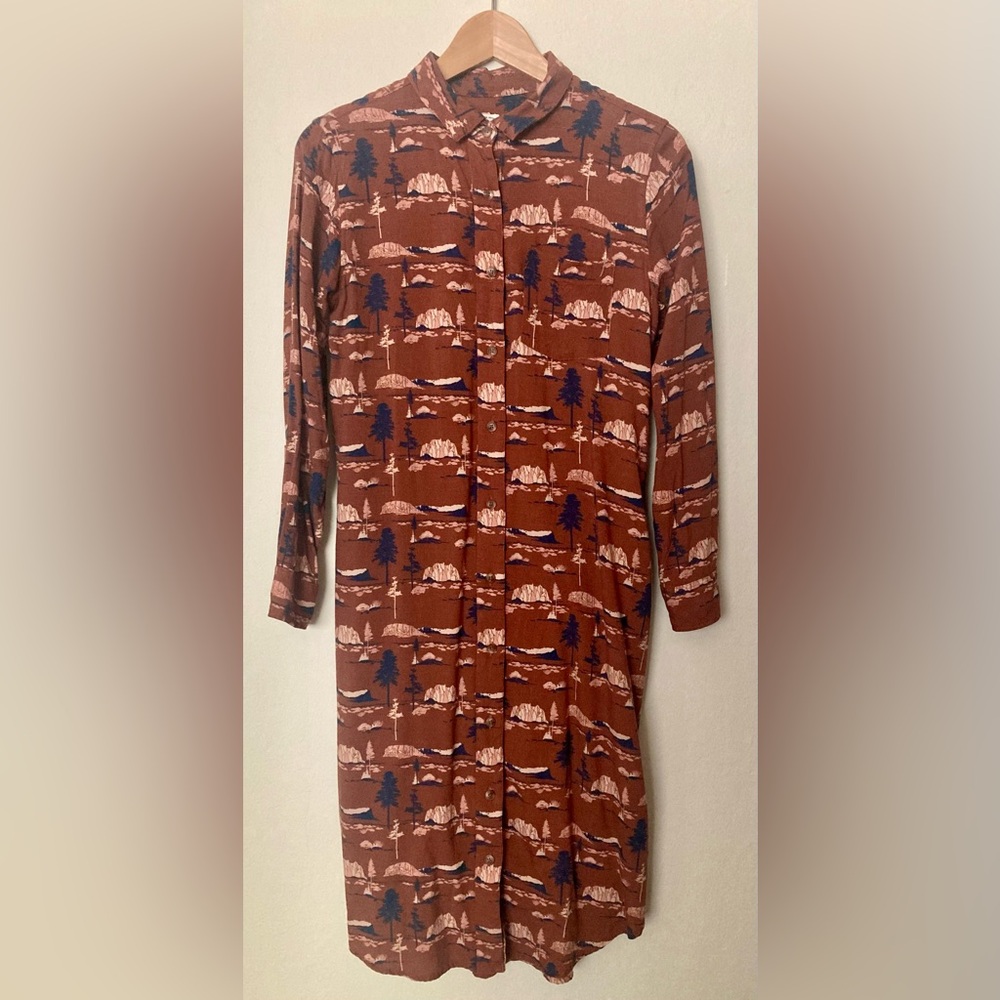 Bridge & Burn Mountain & Nature Print Knee Length Long Sleeve Shirt Dress XS